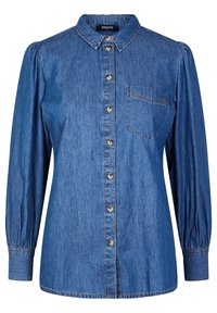 Jeanshemd mit Kragen, langen Puffärmeln, Knopfverschluss vorne und einer Brusttasche. Helles bis mittleres Blauton mit weicher Textur.