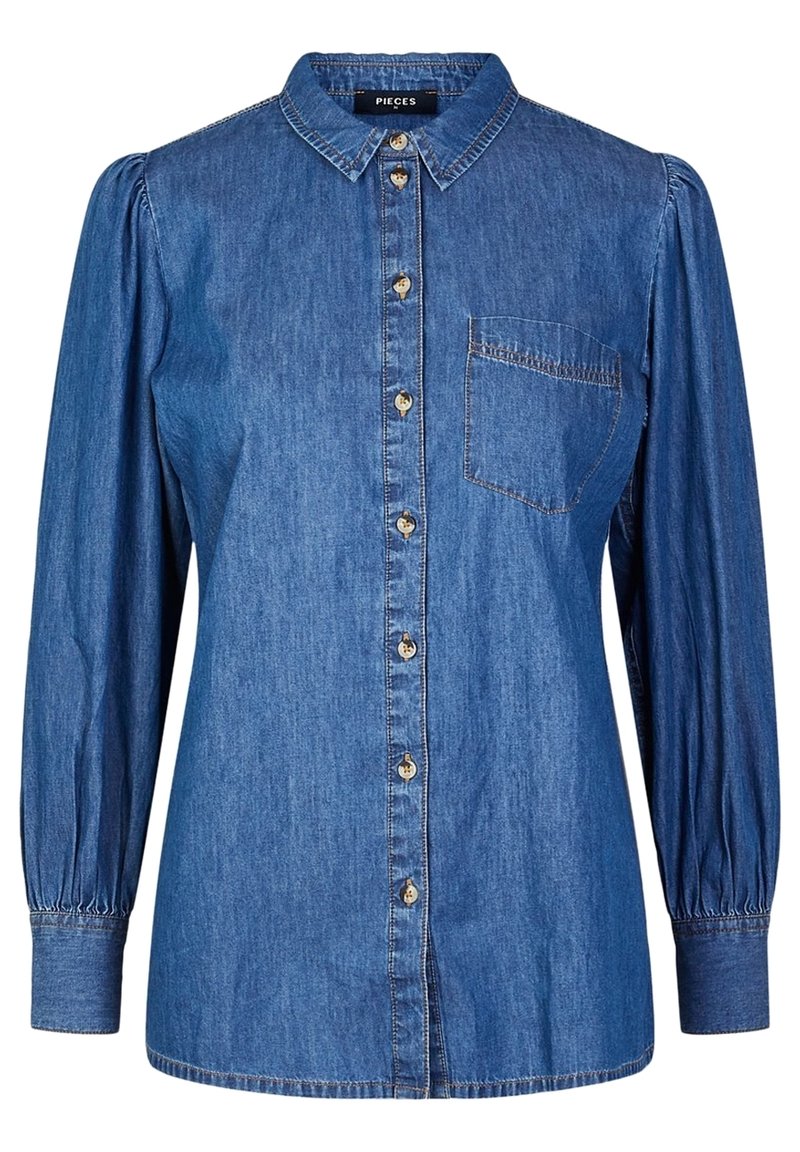 Jeanshemd mit Kragen, langen Puffärmeln, Knopfverschluss vorne und einer Brusttasche. Helles bis mittleres Blauton mit weicher Textur.