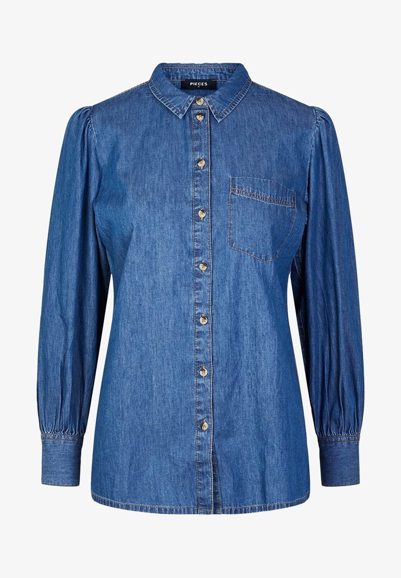 Jeanshemd mit Kragen, langen Puffärmeln, Knopfverschluss vorne und einer Brusttasche. Helles bis mittleres Blauton mit weicher Textur.