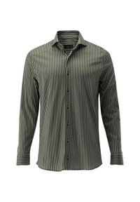 Camicia a maniche lunghe di colore verde scuro con sottili righe bianche verticali, apertura frontale con bottoni e polsini a righe in contrasto. Tessuto morbido, vestibilità classica.