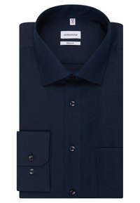 Donkerblauwe button-up shirt van gestructureerde stof, met een verbrede kraag, lange mouwen en een enkele borstzak.