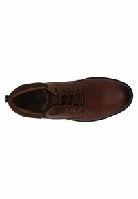 Zapato de cuero marrón con punta redondeada, diseño de cordones y superficie texturada. Suela de goma negra y forro suave marrón son visibles.