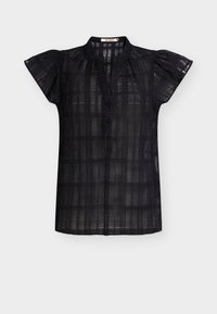 Svart kortermet bluse med et teksturert rutemønster, krage og knappelukking foran; lett og delvis gjennomsiktig stoff.