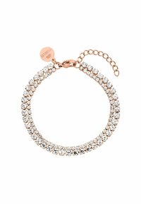 Rose gold bracelet featuring a row of clear gemstones, secure clasp, and adjustable chain for sizing. Elegant, smooth finish with a shiny surface.