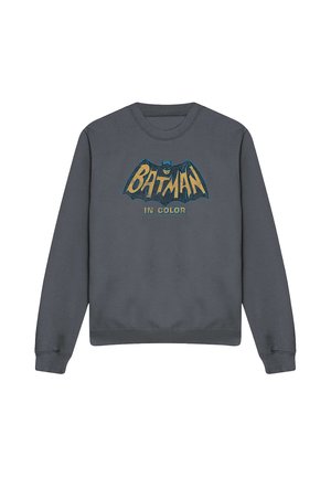 Dunkelgrauer Langarm-Sweatshirt mit einem Vintage-Batman-Logo und dem Text "BATMAN IN COLOR" in der Mitte vorne bedruckt.
