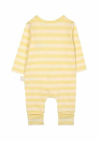 Gestreifter Baby-Overall aus weichem gelben und weißen Baumwollstoff, mit langen Ärmeln, rundem Ausschnitt und Bündchen an den Knöcheln.