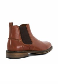Brown leather ankle boot with elastic side panels, rounded toe, and a contrasting brown rubber sole. Features smooth texture and stitched details.