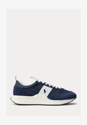 Navy blue and white sneaker with suede and mesh design, white laces, and Polo Ralph Lauren logo on the side, shown in profile view.