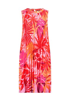 Ærmeløs plisseret kjole med et levende tropisk mønster i røde, pink, orange og gule nuancer.