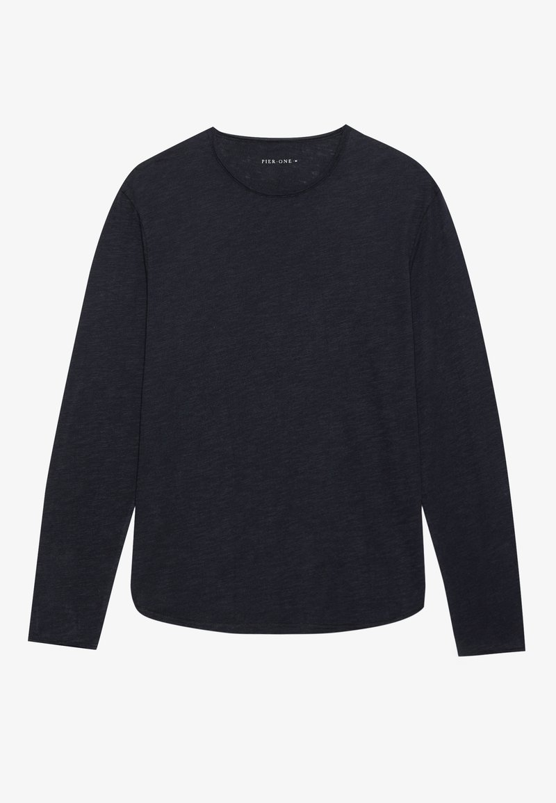 Granatowa koszula z długim rękawem, wykonana z miękkiego materiału; posiada okrągły dekolt i luźny krój z prostym dołem oraz bez zdobień.