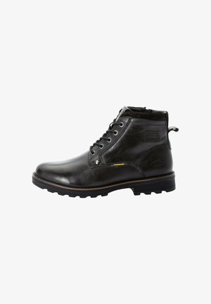 Black leather ankle boot with a smooth finish, round toe, lace-up front, and textured rubber sole featuring a slight heel and logo detail.