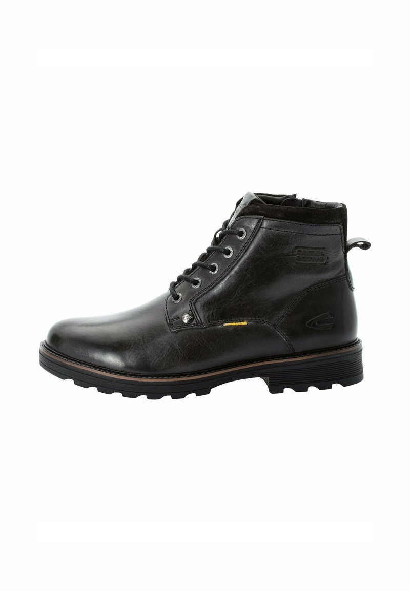 Schwarze Leder-Stiefelette mit glatter Oberfläche, runder Zehenpartie, Schnürfront und strukturierter Gummisohle mit leichtem Absatz und Logodetail.
