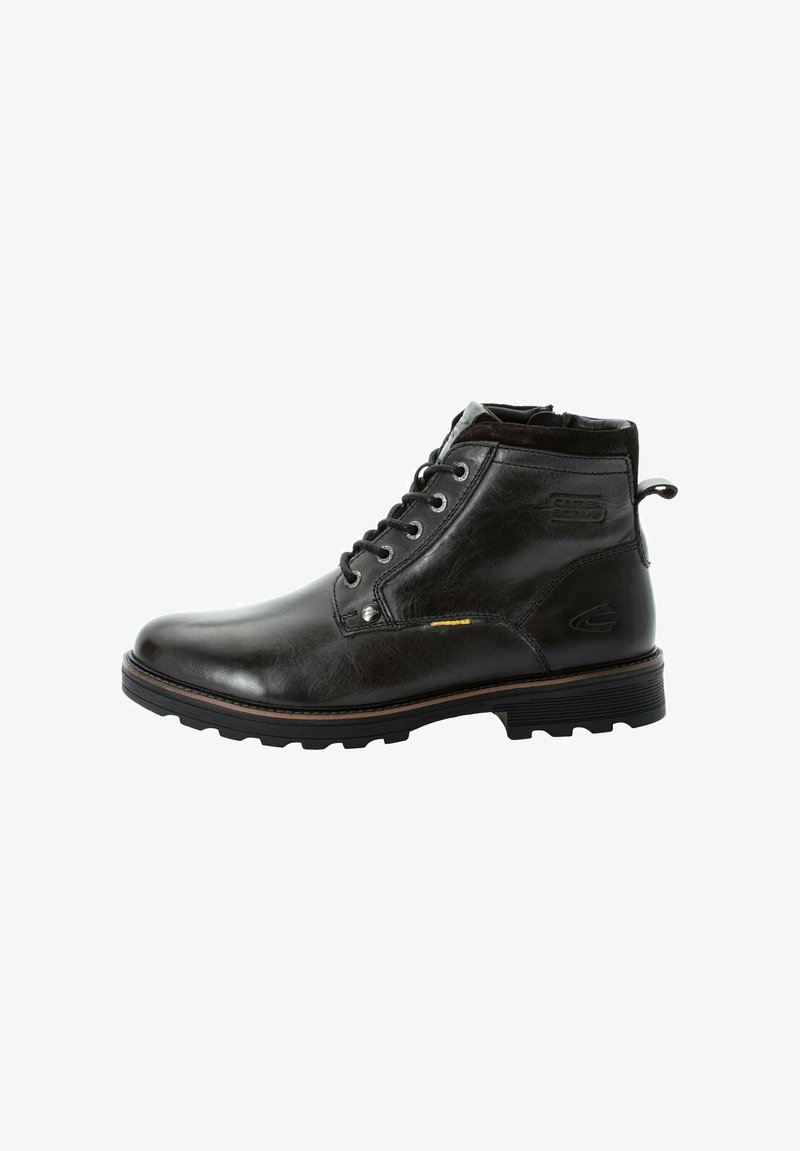 Schwarze Leder-Stiefelette mit glatter Oberfläche, runder Zehenpartie, Schnürfront und strukturierter Gummisohle mit leichtem Absatz und Logodetail.