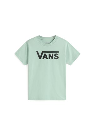 Mintgrünes Baumwoll-T-Shirt mit einem großen schwarzen "VANS"-Logo auf der Vorderseite. Kurzärmelig und mit Rundhalsausschnitt. Glatte Textur.