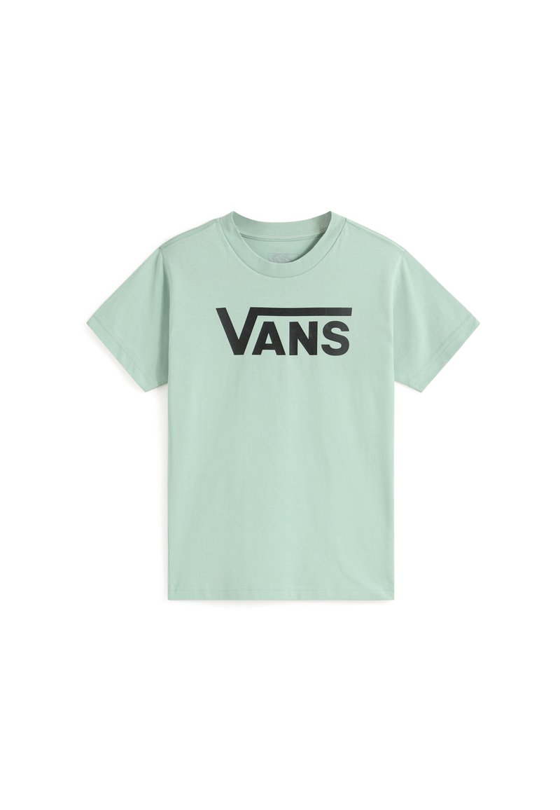 Mintgrön bomullströja med en stor svart "VANS"-logotyp på framsidan. Korta ärmar och rundad halsringning. Snygg yta.