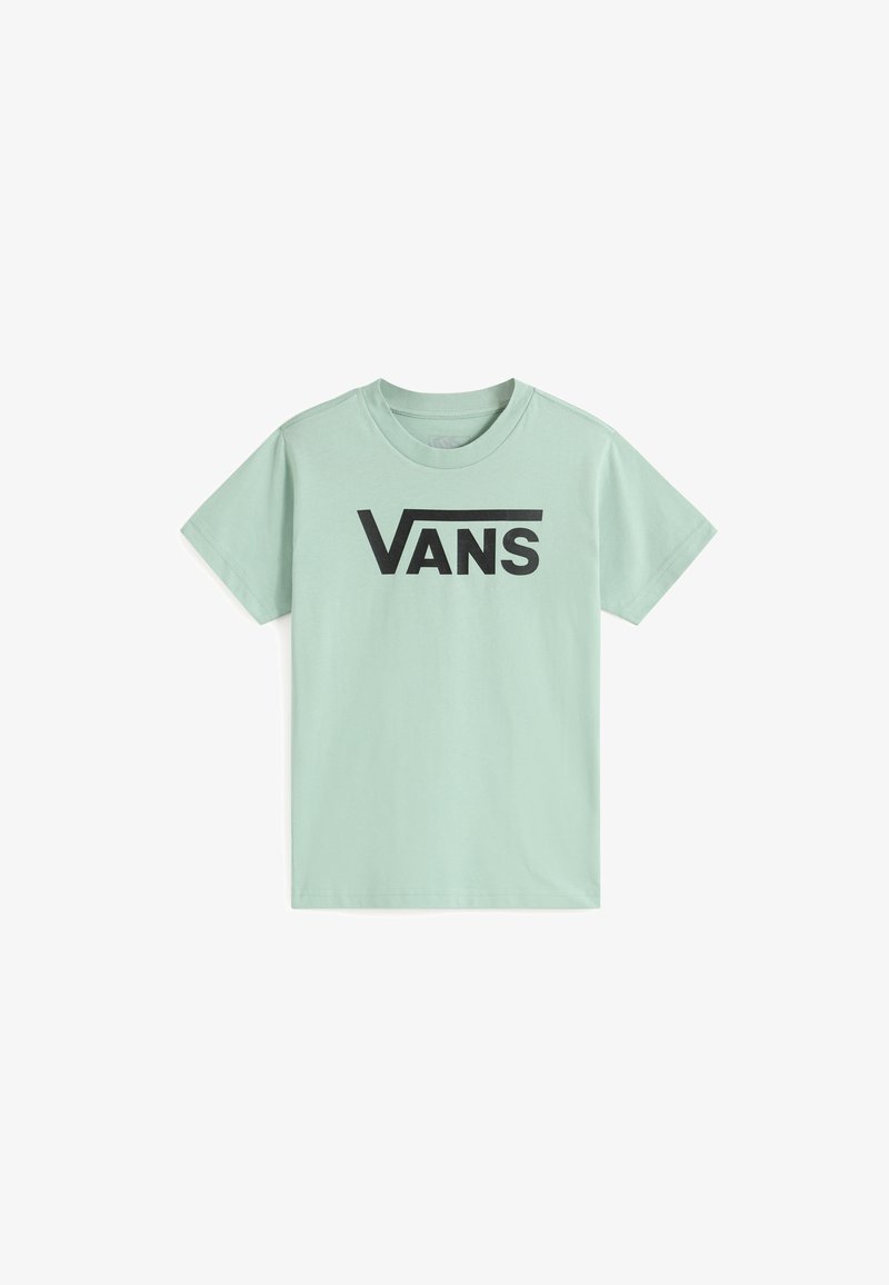 Camiseta de algodón verde menta con un gran logo negro de "VANS" en la parte delantera. Manga corta y cuello redondo. Textura suave.