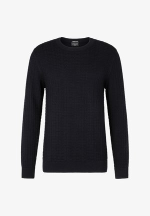 Schwarzer langärmeliger Rundhals-Pullover mit strukturiertem Rautenmuster sowie gerippten Bündchen und Saum, aus mercerisierter Baumwolle gefertigt.