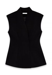 Zwarte mouwloze vest met een hoge kraag, gemaakt van gladde stof, met een nauwsluitende silhoët en zijnaad voor vormgeving.