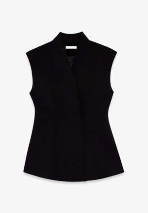 Black sleeveless vest with a high collar, made from smooth fabric, featuring a fitted silhouette and side seams for shaping.