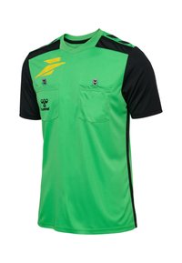 Maillot de sport vert et noir avec un col en V, des manches courtes, deux poches poitrine, et des accents jaunes et gris. Confectionné en tissu léger.