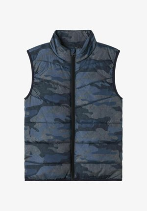 Gepolsterte Weste im dunkelblauen und grauen Camouflage-Muster, mit hohem Kragen und Frontreißverschluss, mit gestepptem Design und ohne Ärmel.