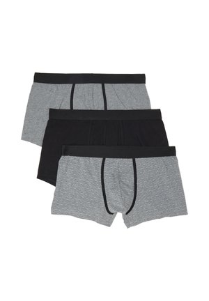 Drie boxershorts voor mannen in grijs, zwart en grijs met een klein wit patroon, allemaal met zwarte taillebanden en voorste stikseldetails.