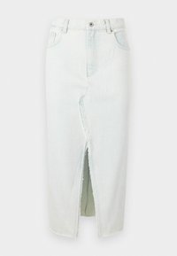 Jupe en denim bleu clair avec une fente avant, un ourlet brut, deux poches avant et une fermeture à bouton. Silhouette droite, design longueur cheville.