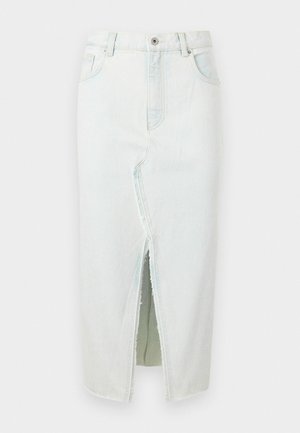 Heleheles sinine teksaseelik, millel on ees lõhik, toores serv, kaks esitaskut ja nupuga sulgemine. Sirge siluett, pahkluu pikkune disain.