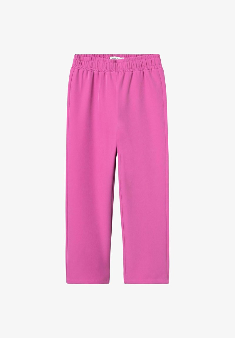 Roza, lahka hlače z gladko teksturo in elastičnim pasom. Ravno krojenje brez vidnih žepov ali vzorcev.