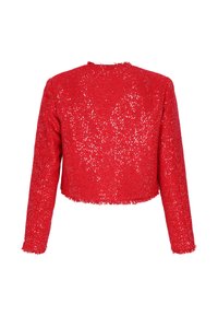 Rode cropped jas met lange mouwen, gemaakt van een gestructureerde stof met pailletten en franjes langs de zoom en mouwranden.