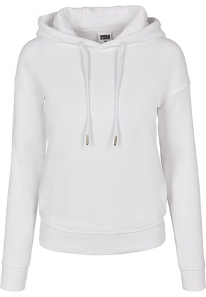 Sweatshirt à capuche blanche en tissu doux, doté d'un cordon de serrage avec embouts en métal, de poignets côtelés et d'une coupe décontractée.