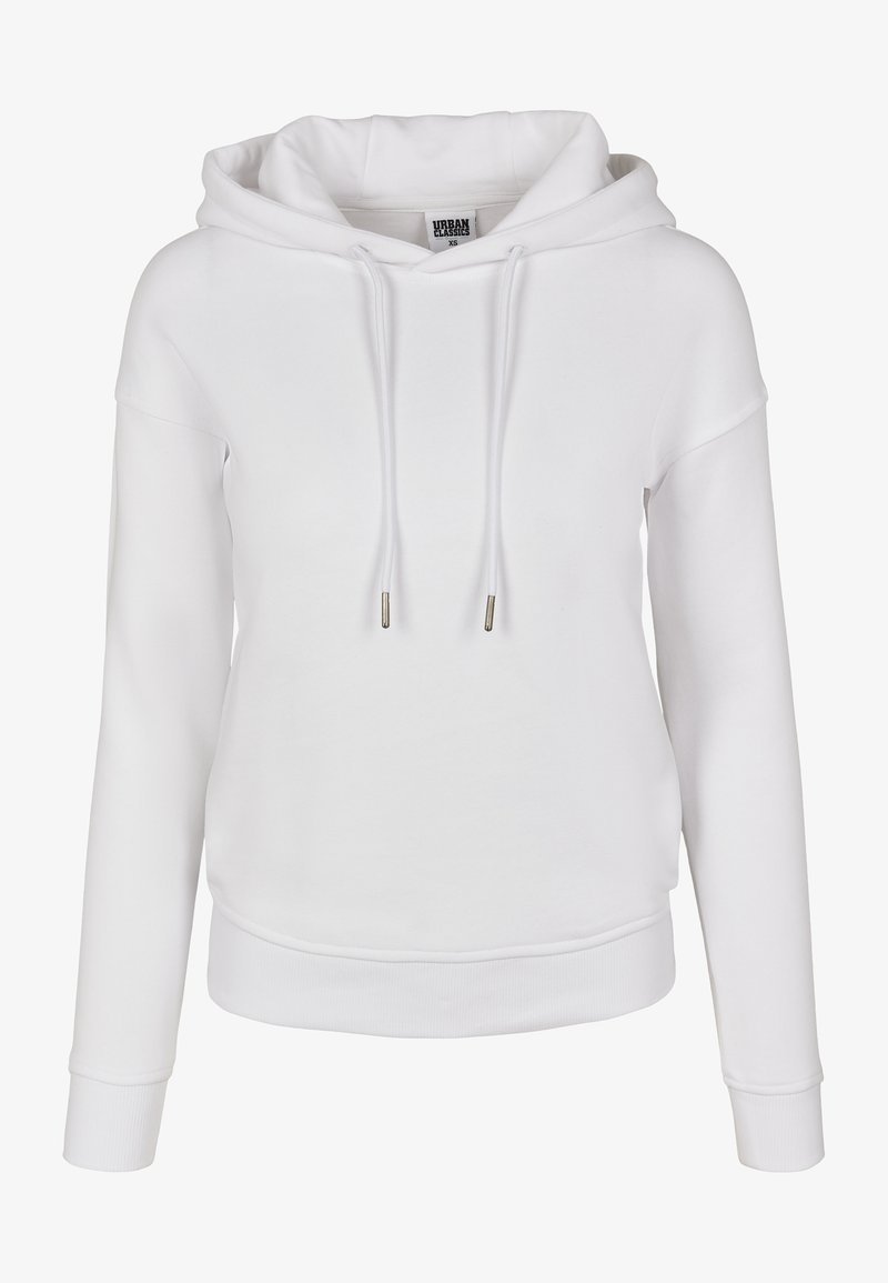 Felpa bianca con cappuccio realizzata in tessuto morbido, presenta un cordino con punte metalliche, polsini a costine e una vestibilità comoda.