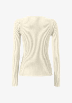 Top a maniche lunghe a coste di colore bianco sporco. Presenta un design aderente con colletto a girocollo e tessuto testurizzato, evidenziando linee verticali su tutta la superficie.