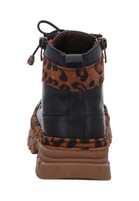 Black leather ankle boot with a brown leopard print accent, textured sole, and a pull tab; features a zip closure and a padded interior.