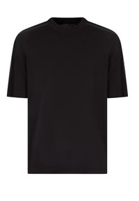 Maglietta nera a maniche corte con scollatura rotonda, caratterizzata da accenti sulle spalle a finitura opaca a contrasto e tessuto dalla texture liscia.