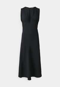 Crna haljina bez rukava s uskim korzetom, naborima sprijeda i lepršavom suknjom. Glatka tkanina s umjerenim dekolteom.