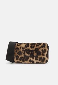 Leopard-patterned bag with a black strap, crafted from soft fur-like material. Features a rectangular logo accent on the front.