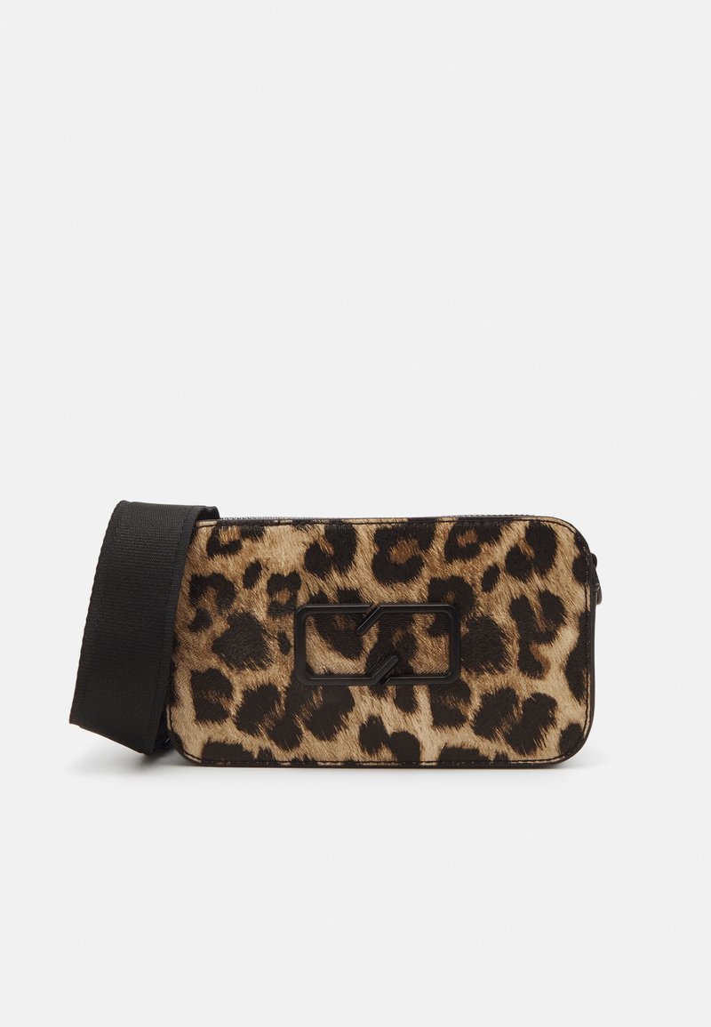 Leopard-patterned bag with a black strap, crafted from soft fur-like material. Features a rectangular logo accent on the front.