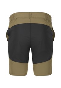 Cargo shorts med en svart nedre del och en olivgrön övre del. Har en elastisk midja och sidofickor. Slät textur.