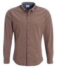 Camisa de manga larga a cuadros marrón y beige con cuello abotonado, botones oscuros y textura suave.