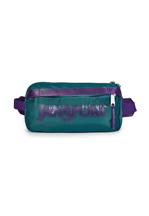 Mała turkusowo-fioletowa nerka Jansport z przednią kieszenią na suwak i widocznym logo Jansport.