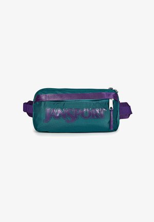 Mała turkusowo-fioletowa nerka Jansport z przednią kieszenią na suwak i widocznym logo Jansport.