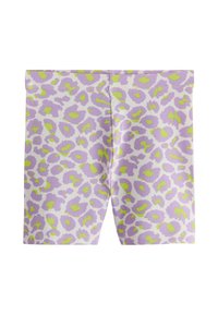 Pantaloncini viola con stampa leopardata, realizzati in tessuto leggero, con vita elastica e macchie verdi irregolari dalla texture liscia.