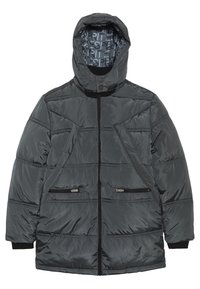 Szara ocieplana kurtka z kapturem, z zamek błyskawicznym z przodu, dwoma bocznymi kieszeniami, pikowanym wzorem oraz czarnymi ściągaczami na mankietach i u dołu. Podszycie wewnętrzne.