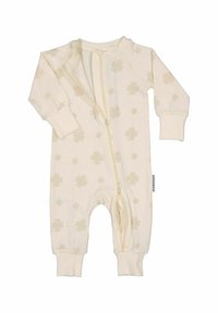Ljusgräddfärgad overall i mjukt material, med små blommönster, full längd dragkedja fram och ribbade ärmslut.