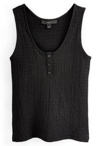 Black sleeveless top with a textured pattern, scoop neckline, and three-button placket at the front. Made from lightweight fabric.