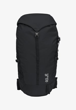 Sac à dos de randonnée Black Jack Wolfskin avec rabat supérieur, sangle centrale à boucle et sangles de compression latérales, présenté de face sur fond blanc.