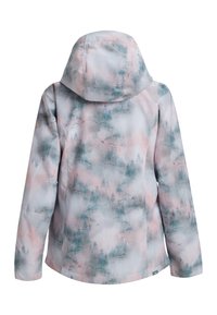 Water-resistant jacket with a pastel pink and green forest pattern, hood, and smooth texture. Features a slightly fitted design and long sleeves.