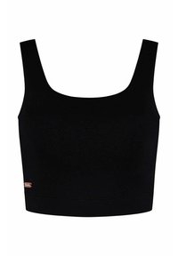 Schwarzes, bauchfreies Tanktop mit breiten Schulterträgern und rundem Ausschnitt, ausgestattet mit einem kleinen rechteckigen Etikett nahe dem Saum.