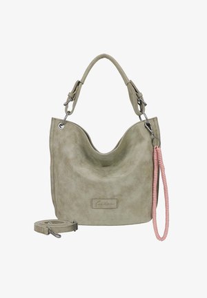 Sac à main en cuir synthétique vert avec un design incurvé, une poignée courte et une bandoulière réglable. Comprend une sangle accentuée rose et un patch logo.